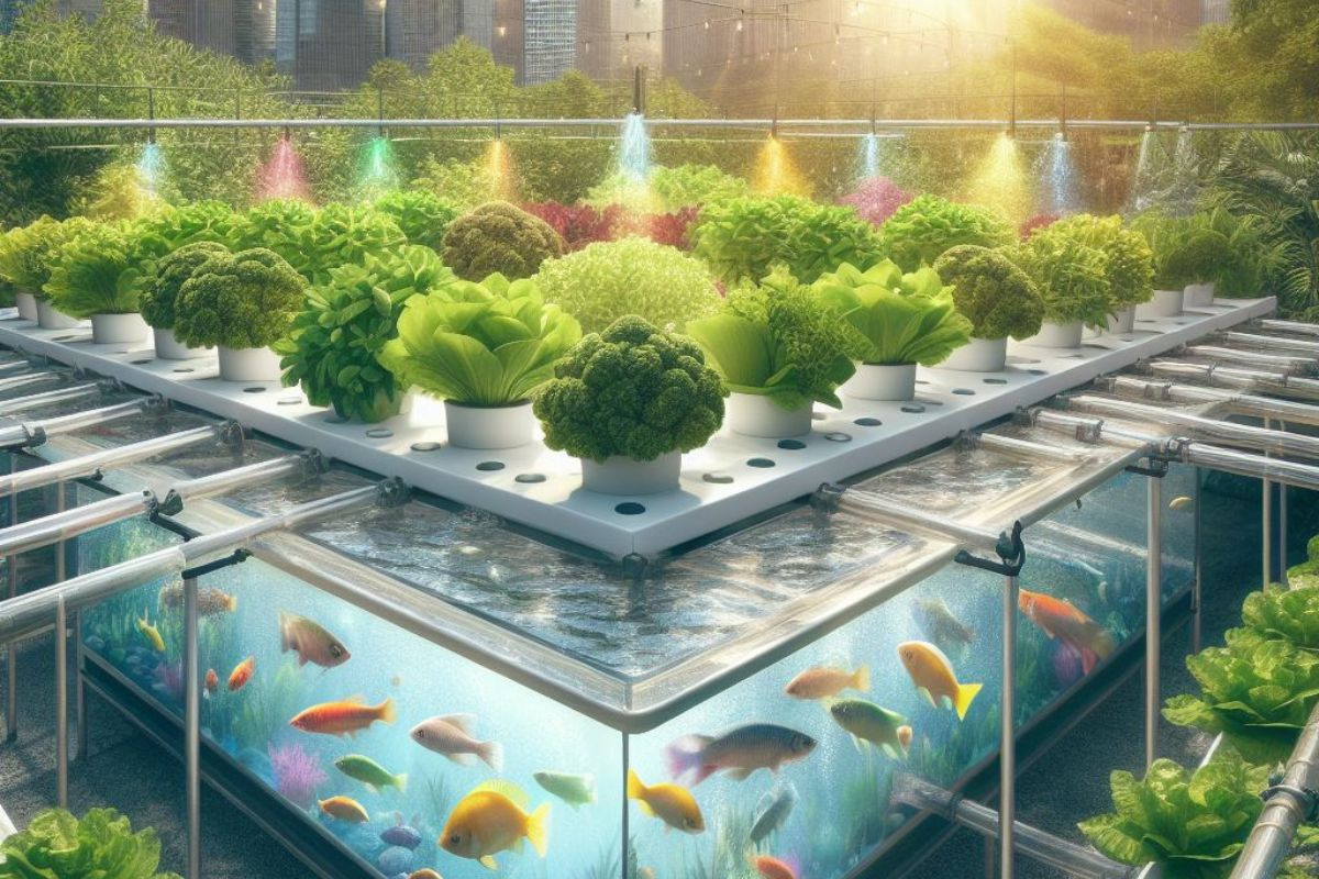 Urban rooftop aquaponics garden with tilapia fish, thriving lettuce, basil, and tomatoes, clear PVC pipes, and city skyline in the background. People are tending to the sustainable system, creating a green oasis.