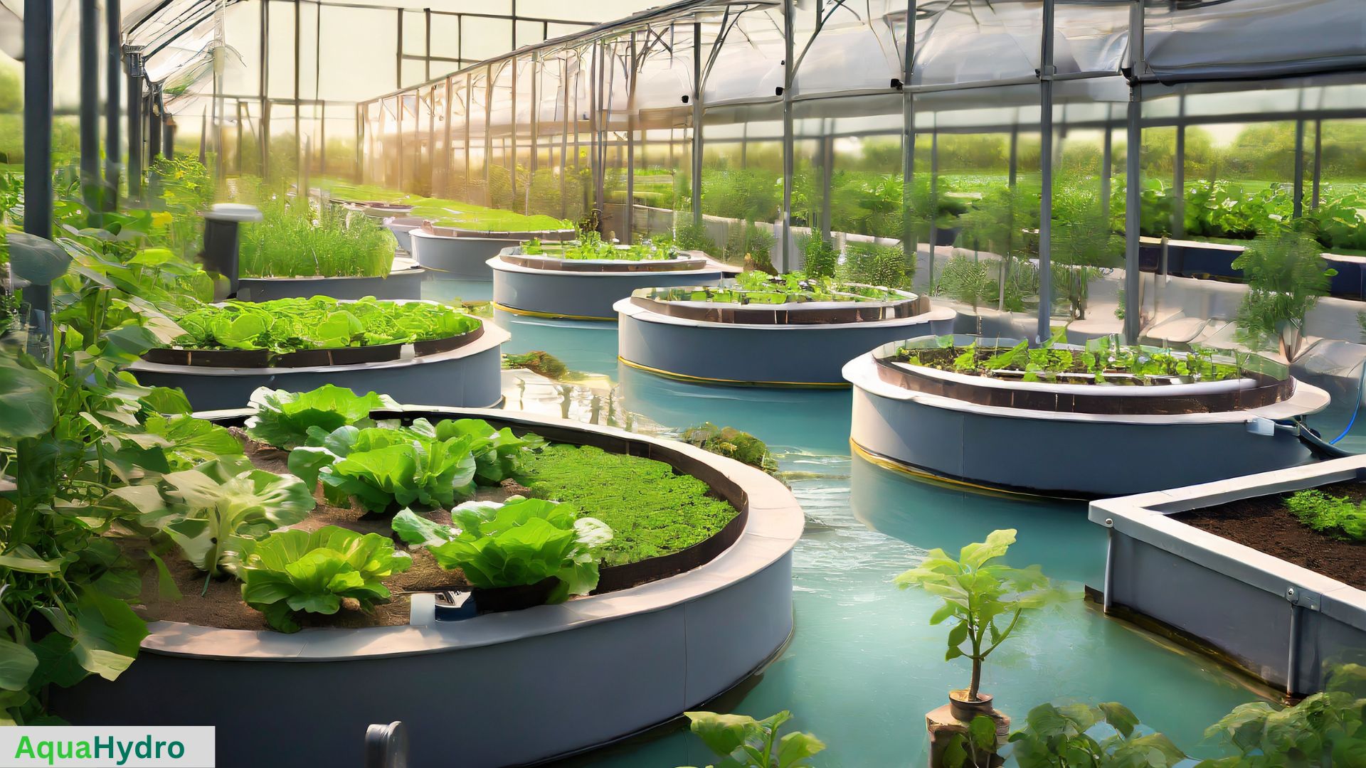 A thriving large-scale aquaponics system, with lush green plants and healthy fish, exemplifying the sustainable synergy between aquaculture and hydroponics described in the content