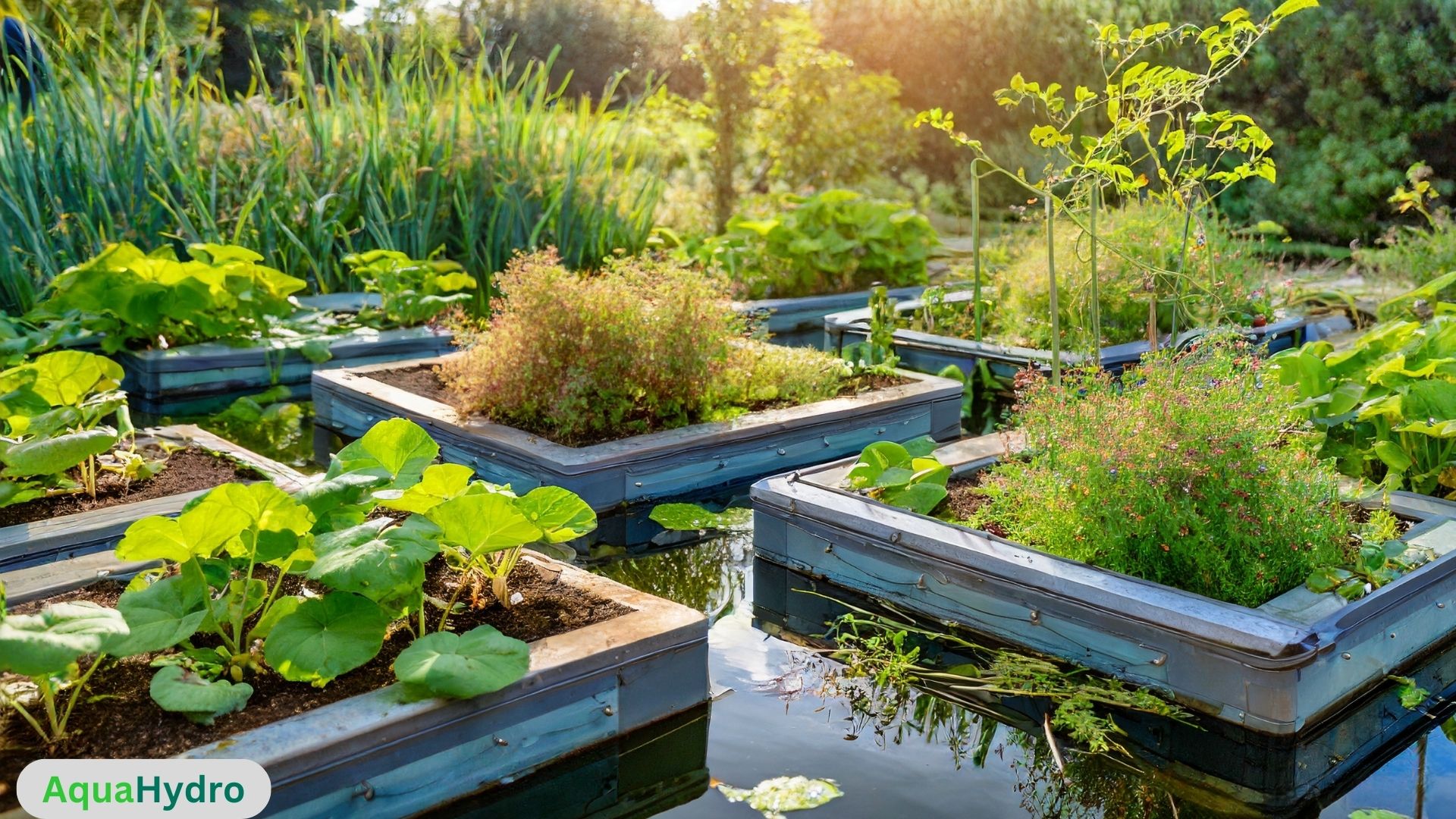 A thriving small-scale aquaponics system with lush green plants, fish in a tank, and interconnected pipes, symbolizing sustainable, organic, and resource-efficient agriculture.