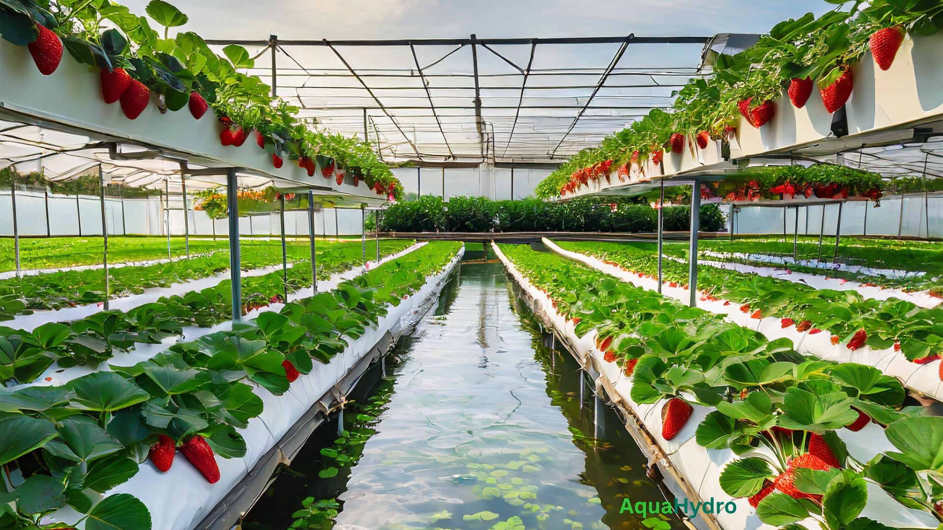 Strawberry Aquaponics: A thriving farm with vibrant red strawberries and healthy fish tanks in a sustainable ecosystem.