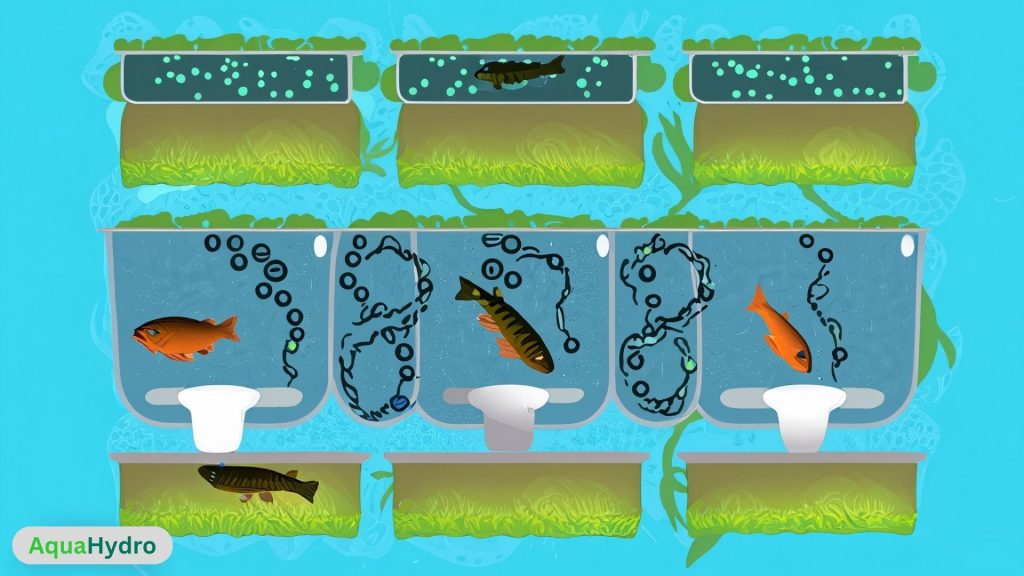 Illustration of the Aquaponic Cycle - Fish Tank, Biofilter, Hydroponic Grow Beds, and Return to Fish Tank, demonstrating the symbiotic relationship between fish and plants in an aquaponic system.