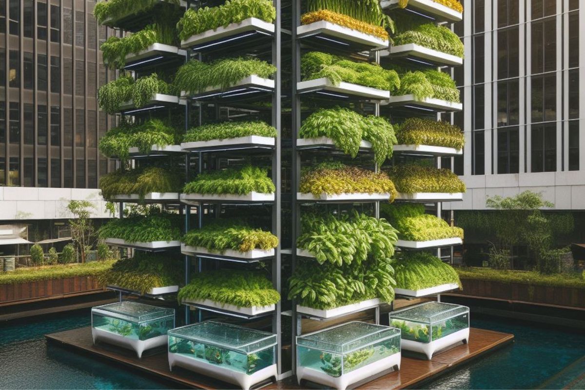 In the city, vertical aquaponics thrives with stacked plant beds filled with veggies and herbs, complemented by fish tanks, creating a self-sustaining system. Natural sunlight illuminates this symbol of modern agricultural innovation.