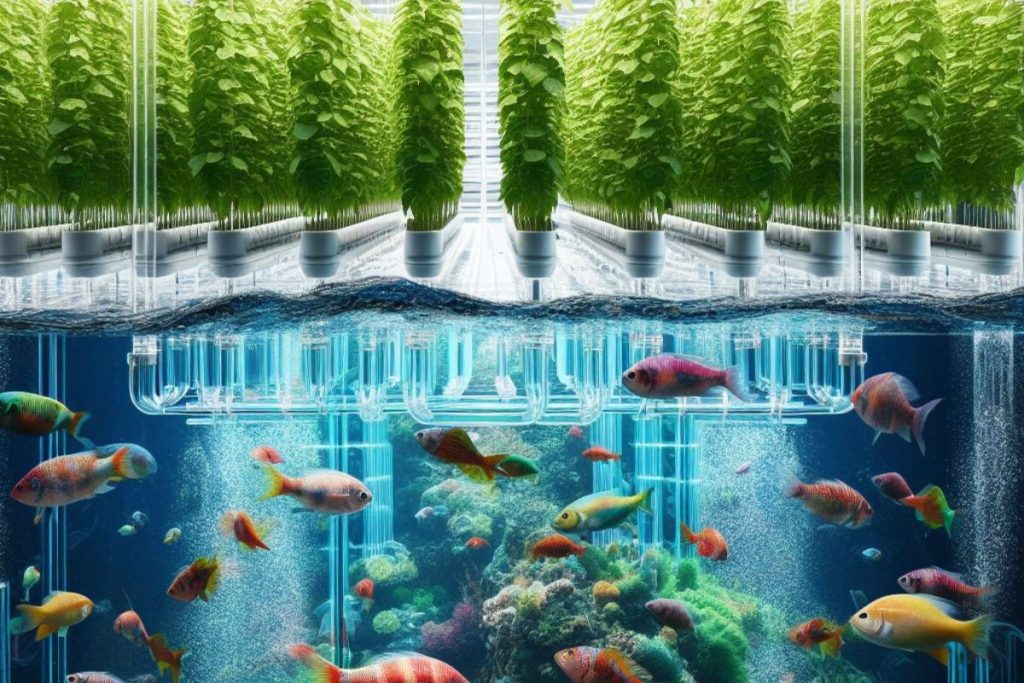 An aquaponics system: Fish tank with vibrant fish, plants with roots in water, and connecting pipes. A closed-loop, eco-friendly ecosystem.