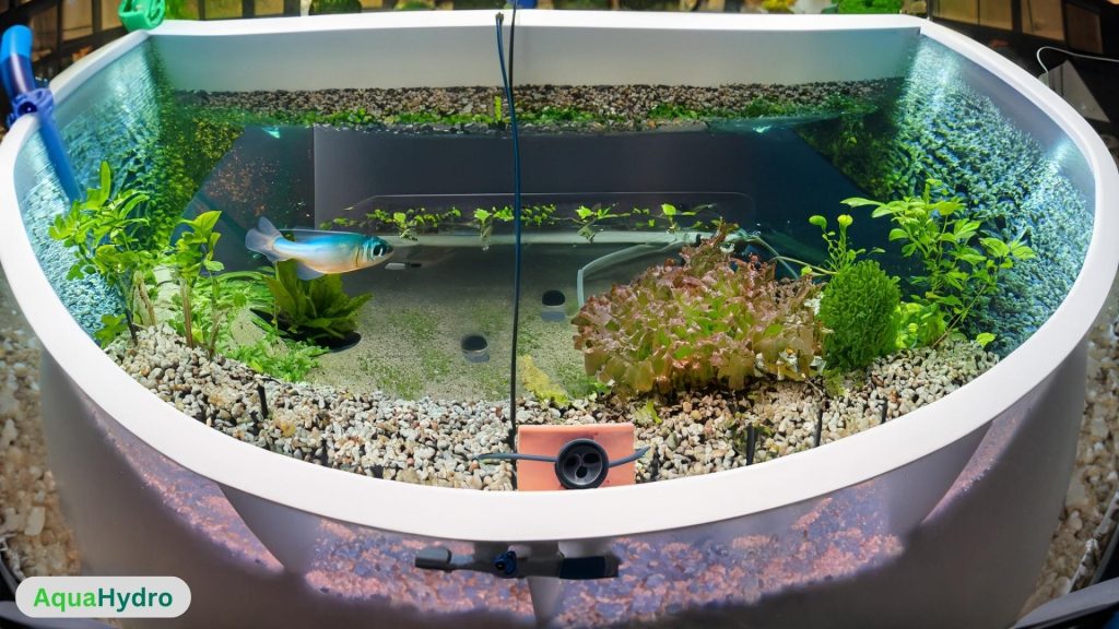 Visual representation of key components in a Residential Aquaponics System: fish tank, thriving grow bed, and water pump with plumbing.