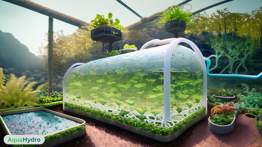 Visual representation of the sustainable and harmonious backyard aquaponics ecosystem, where fish and plants thrive in a closed-loop, eco-conscious environment.
