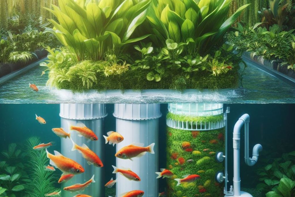 Vibrant aquaponic system with fish and plants in harmony. A compact biofilter in the foreground maintains water quality, while graceful fish swim amid lush greenery, showcasing aquaponic excellence
