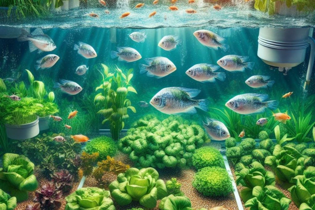 An image of a thriving aquaponics setup featuring Bluegill fish in a tank and flourishing vegetables in grow beds, illustrating sustainable food production with rapid Bluegill growth, high nutritional value, and natural pest control in a closed-loop system.