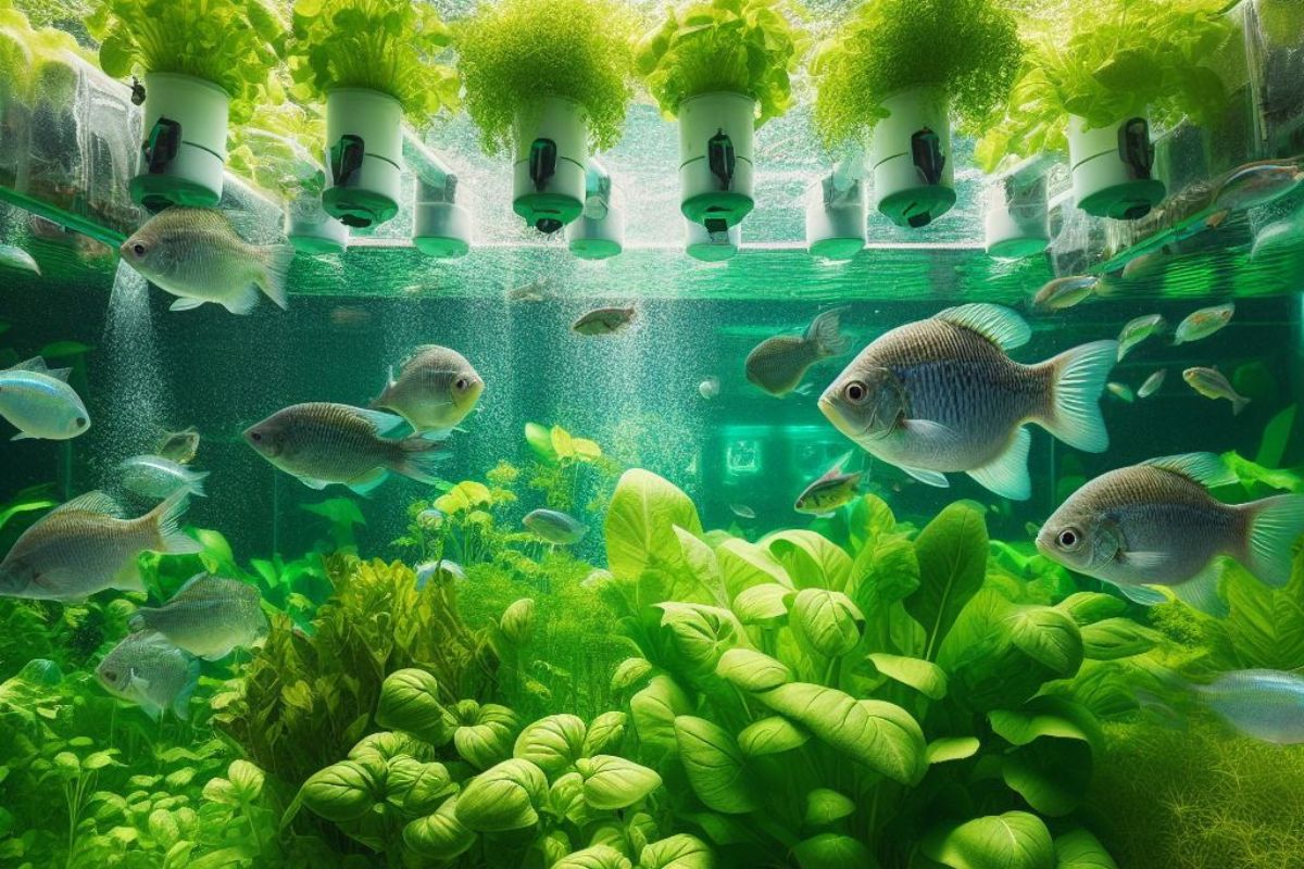 A thriving aquaponics ecosystem with lush green plants and healthy Bluegill fish in crystal-clear water, demonstrating the success of sustainable aquaponics farming.
