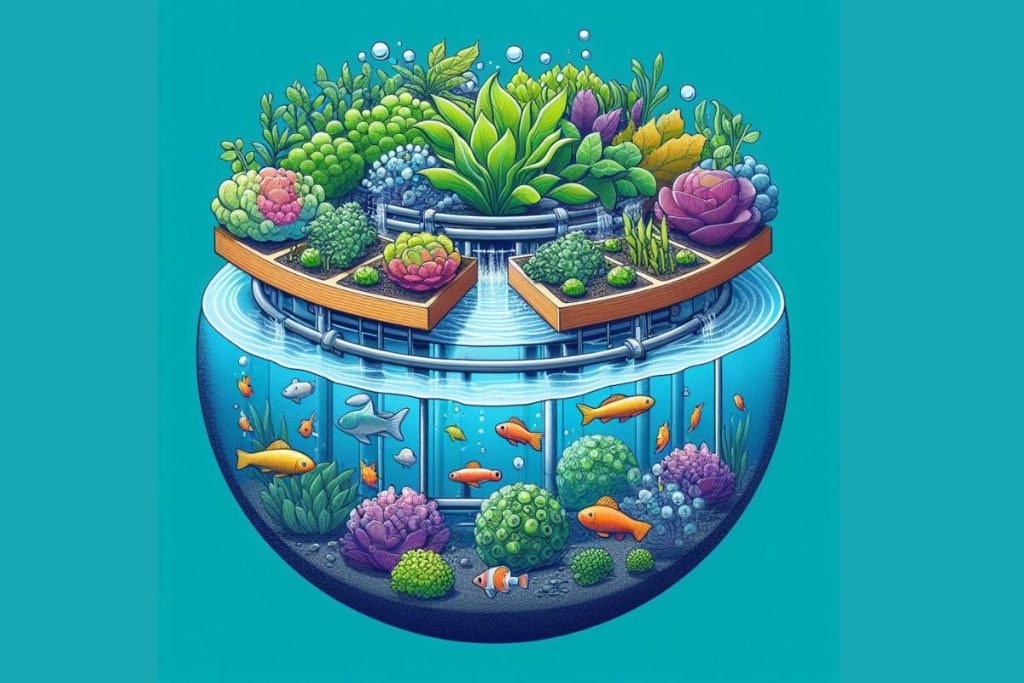 Aquaponics in action: symbiotic relationship between plants and aquatic life. Fish waste nourishes plants, and plants filter water, creating a harmonious, self-sustaining ecosystem.