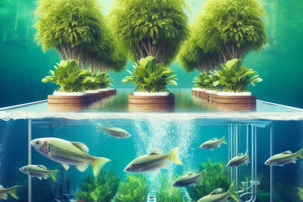 Aquaponics system: vibrant plants above water, fish below, symbolizing sustainability. Promises growth, innovation, and positive impact with grants.