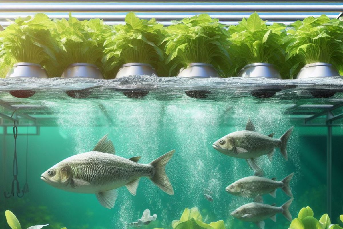 Aquaponics system: vibrant plants above water, fish below, symbolizing sustainability. Promises growth, innovation, and positive impact with grants.