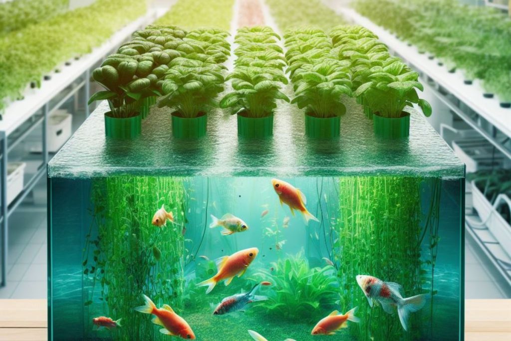 Snapshot of thriving aquaponics: vibrant lettuce and basil float in nutrient-rich water beds beside tilapia and catfish, embodying sustainable agriculture's efficiency and eco-friendly revolution.