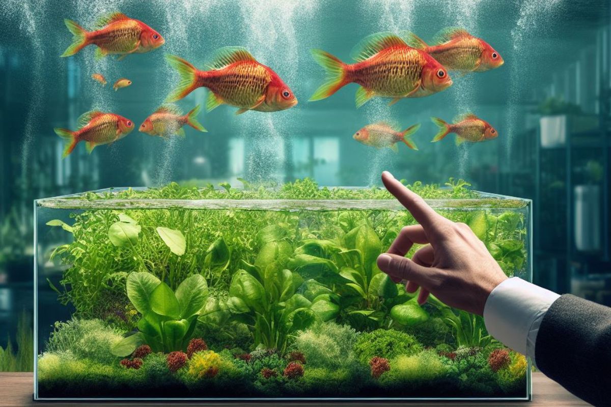 Snapshot of thriving aquaponics: vibrant lettuce and basil float in nutrient-rich water beds beside tilapia and catfish, embodying sustainable agriculture's efficiency and eco-friendly revolution.