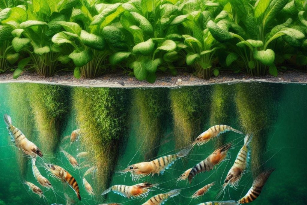 An artistic representation of Aquaponics Shrimp Farming: Shrimp and hydroponic plants coexist in a harmonious underwater ecosystem, symbolizing their mutual benefit.