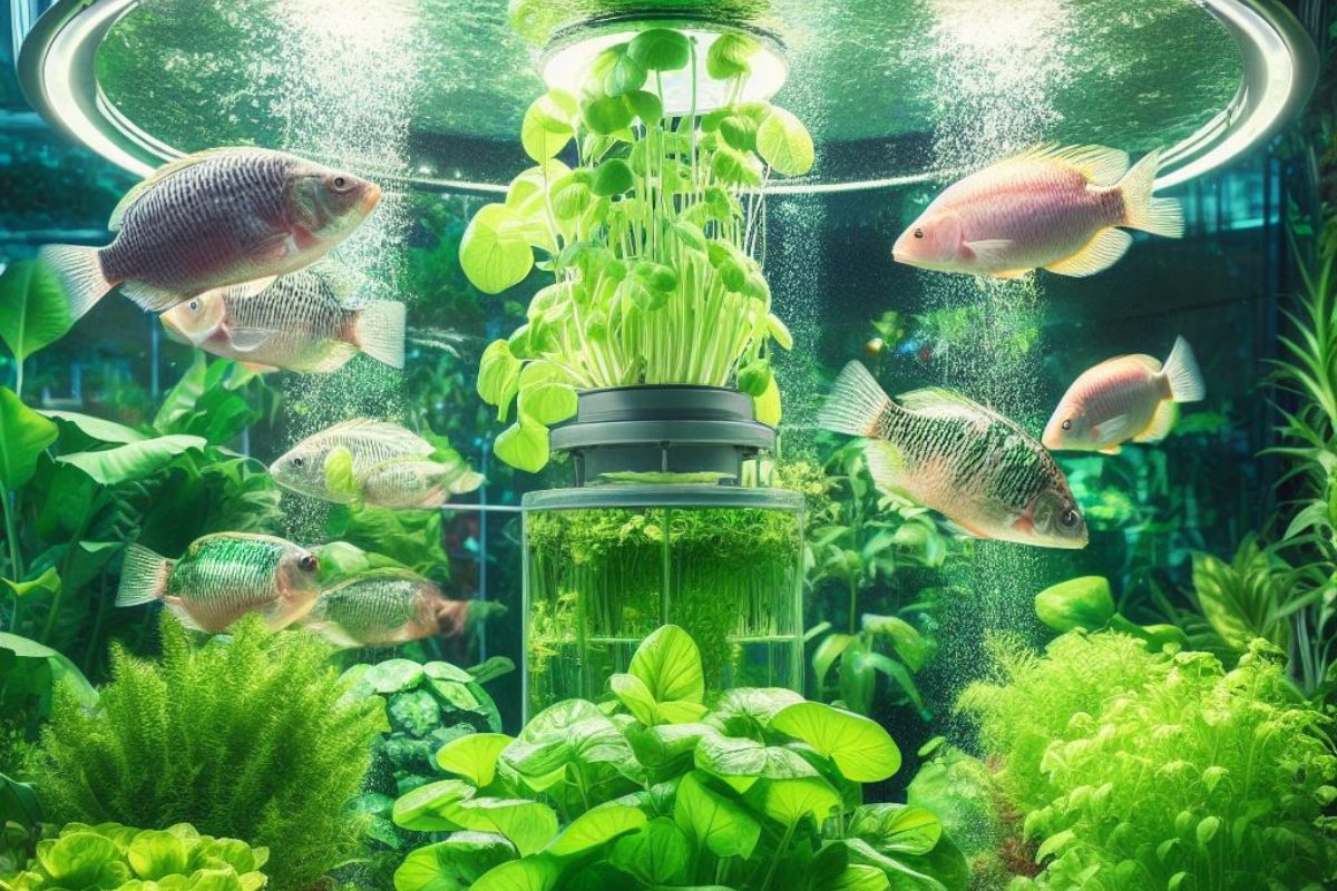 A captivating aquaponics system featuring vibrant green plants growing in harmony with tilapia fish in a well-lit, crystal-clear tank. This sustainable, homegrown ecosystem showcases the beauty of aquaponics.