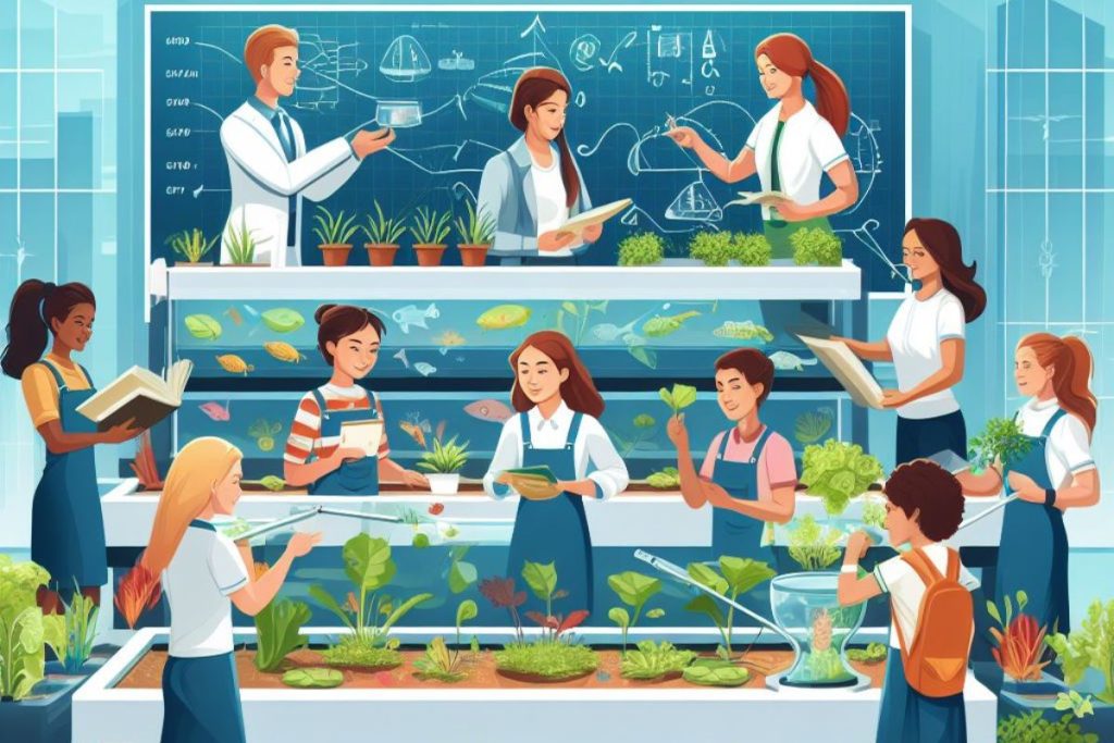 Students immersed in aquaponics: hands-on STEM, environmental awareness, and problem-solving skills showcased in a compelling graphic.