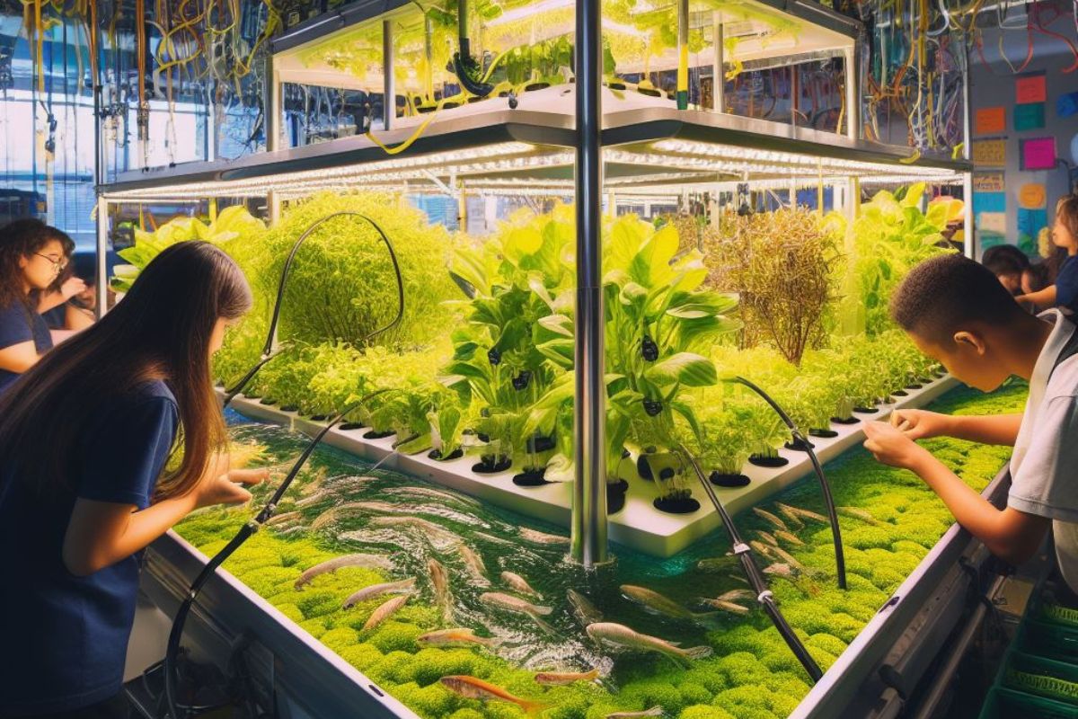 Vibrant school aquaponics: Engaged students, thriving fish tank, lush grow bed. A snapshot of STEM education, environmental awareness, and sustainability.