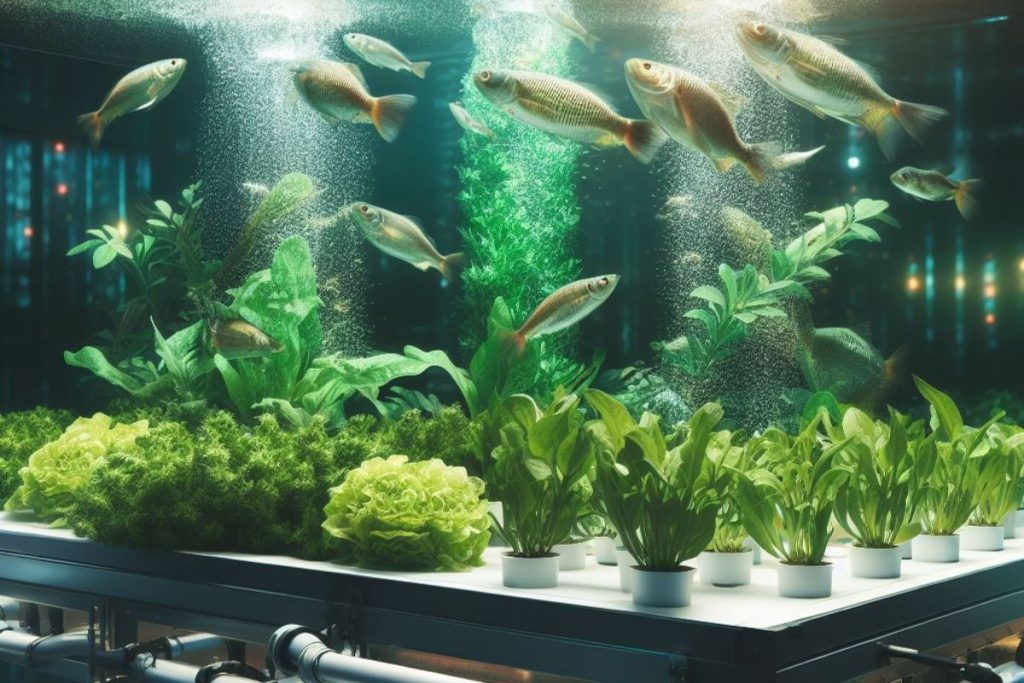 Visual of aquaponics: A fish tank at the center, surrounded by thriving plants in grow beds. Illustrates the synergy of aquaculture and hydroponics, showcasing innovation and sustainability.