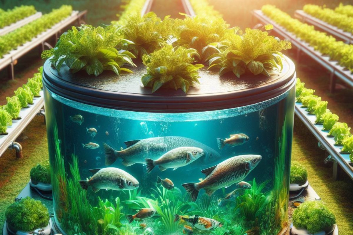 Visual of aquaponics: A fish tank at the center, surrounded by thriving plants in grow beds. Illustrates the synergy of aquaculture and hydroponics, showcasing innovation and sustainability.