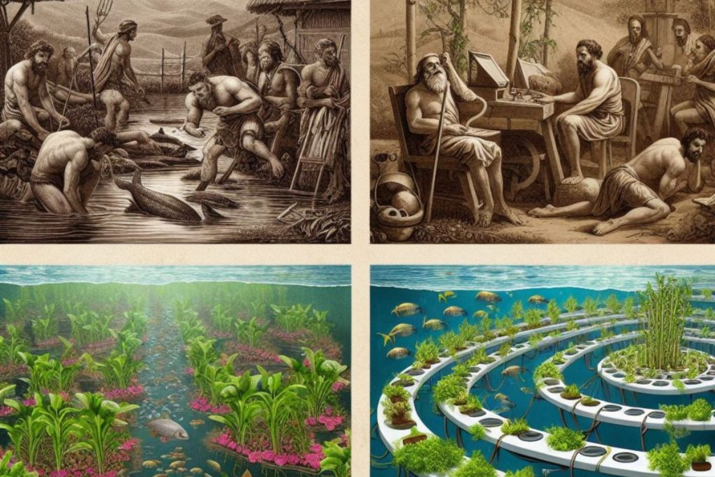 Evolution of aquaponics: Ancient farmers grasp fish-plant harmony. 20th-century twist: fish like tilapia, koi, or catfish thrive, turning waste into an asset, and revolutionizing agriculture.