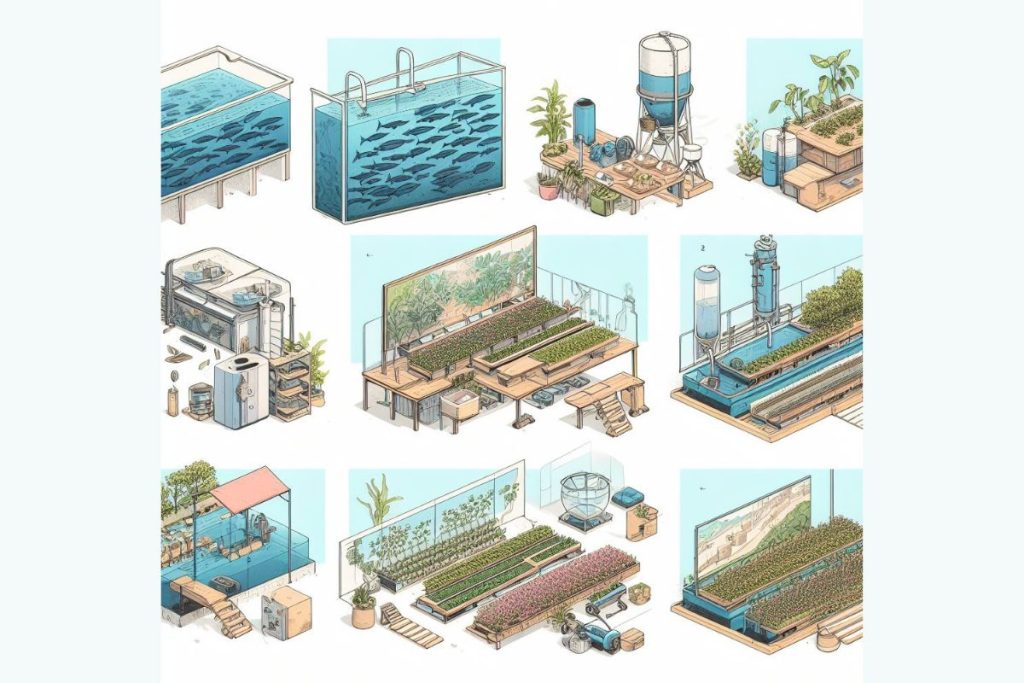 Collage of aquaponics initiation: 1. Fish selection - considerations of temperature, growth, and plant compatibility. 2. System construction - from small backyards to commercial ventures, guided by available resources. 3. Plant selection