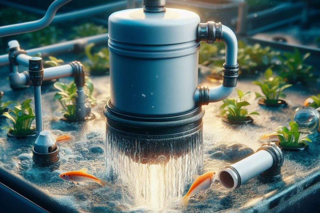 A visual depiction of an aquaponics system featuring a crucial component, the bell siphon. The image highlights the bell and standpipe, key elements in the efficient water management cycle essential for optimal nutrient distribution and plant well-being in sustainable agriculture.