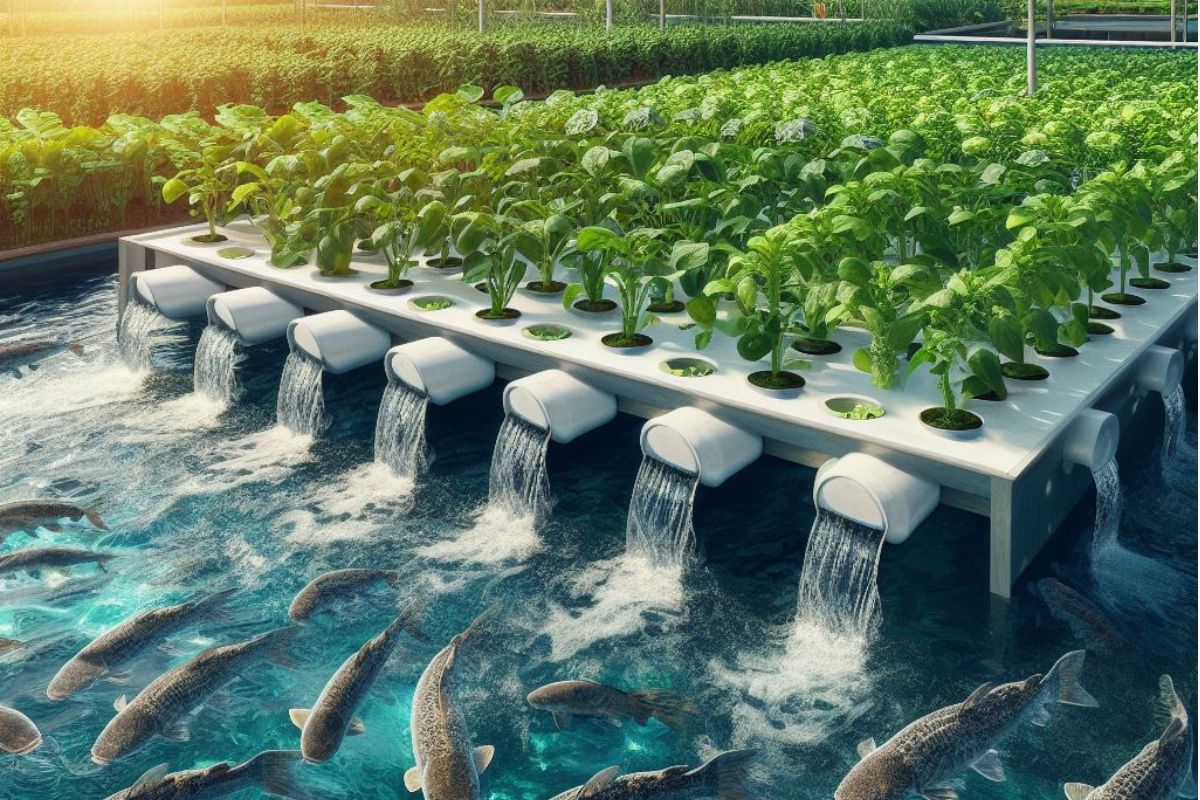 A catfish aquaponics system with interconnected tanks, lush green plants, and healthy catfish. This sustainable farming setup highlights eco-conscious practices and the synergy between aquaculture and hydroponics.