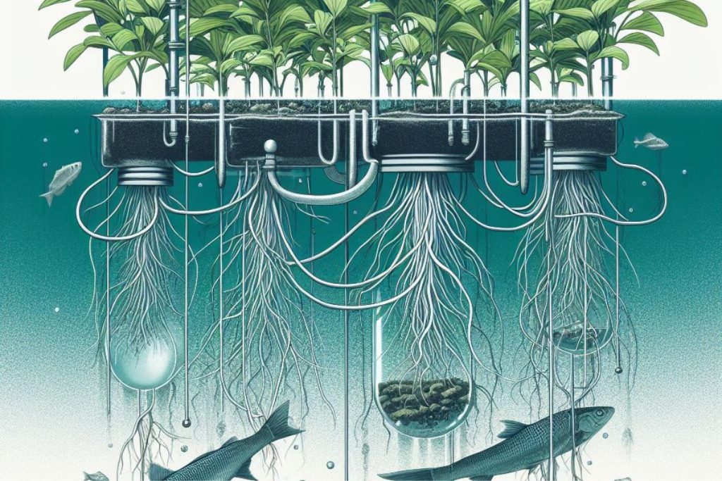 Visualizing Deep Water Culture Aquaponics (DWC): Plant roots suspended in nutrient-rich water, harmonizing with fish below. A soil-free, space-efficient method where fish waste nurtures plants, purifying water in a symbiotic dance.