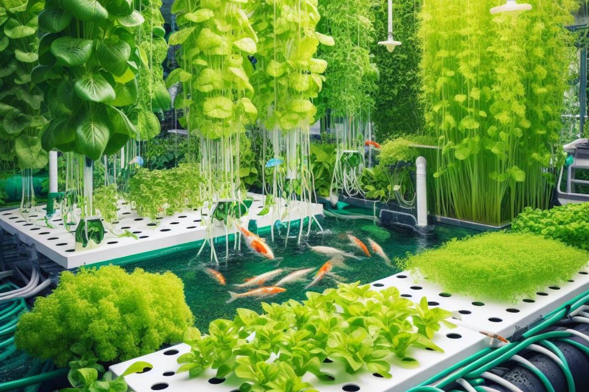 A vibrant aquaponic scene: lush plants in grow beds, fish tanks connected by water pipes. Symbolizes eco-friendly, sustainable farming with grow beds at the core.