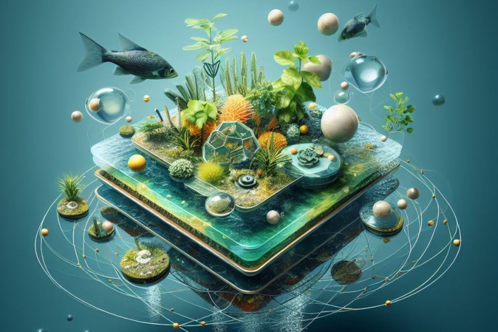 A visual representation of floating raft aquaponics, showcasing the harmonious coexistence of aquatic animals and plants in a self-sustaining ecosystem, illustrating the innovative fusion of aquaculture and hydroponics for sustainable agriculture.
