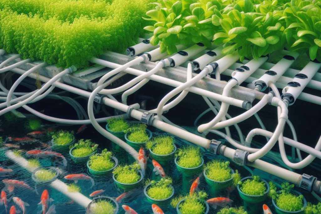 A vibrant aquaponic scene: lush plants in grow beds, fish tanks connected by water pipes. Symbolizes eco-friendly, sustainable farming with grow beds at the core.