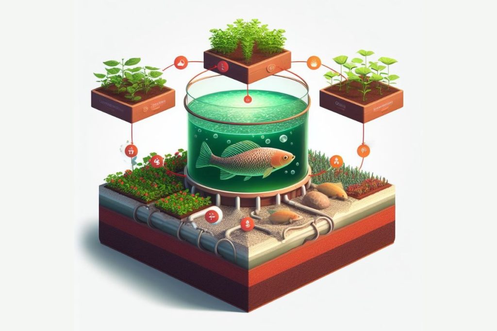 Visual guide to aquaponics basics: a central fish tank, housing tilapia, and trout, serves as the nutrient source. Above, grow beds filled with gravel filter water, and beneficial bacteria in the beds perform the nitrogen cycle—transforming fish waste into vital nitrates for plant nutrition.
