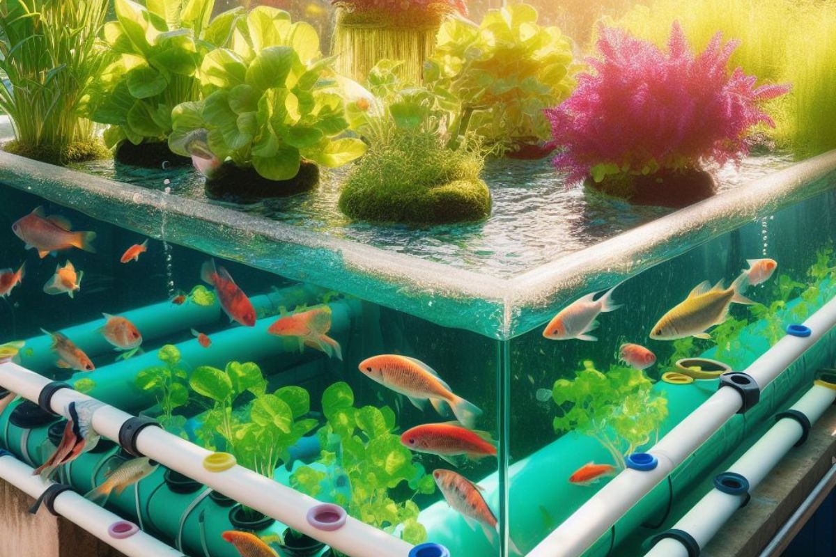 The image conveys the eco-friendly synergy between fish and plants, emphasizing the beauty and functionality of a well-designed aquaponics system in a sunlit environment.