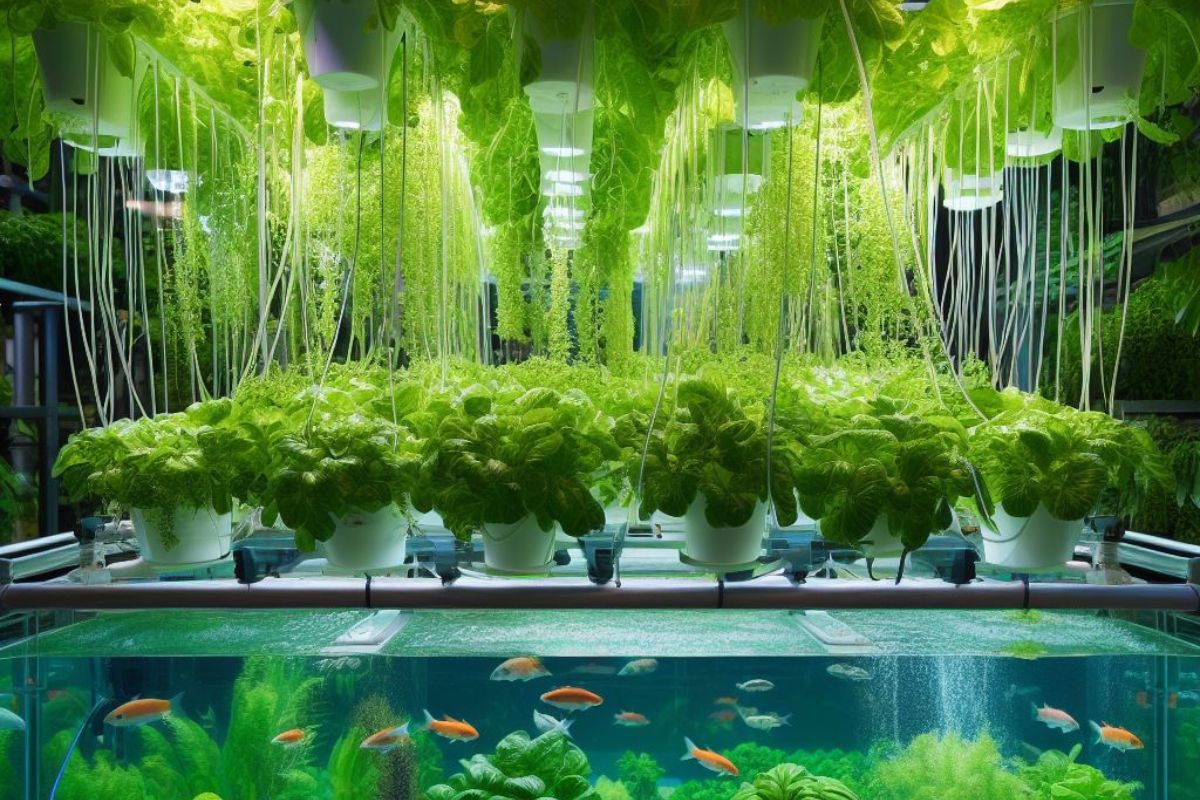 Deep Water Culture Aquaponics: Thriving plants above a fish tank reveal the synergy of aquaculture and hydroponics. Clear water and vibrant greenery showcase efficiency, eco-friendliness, and promise abundant yields.