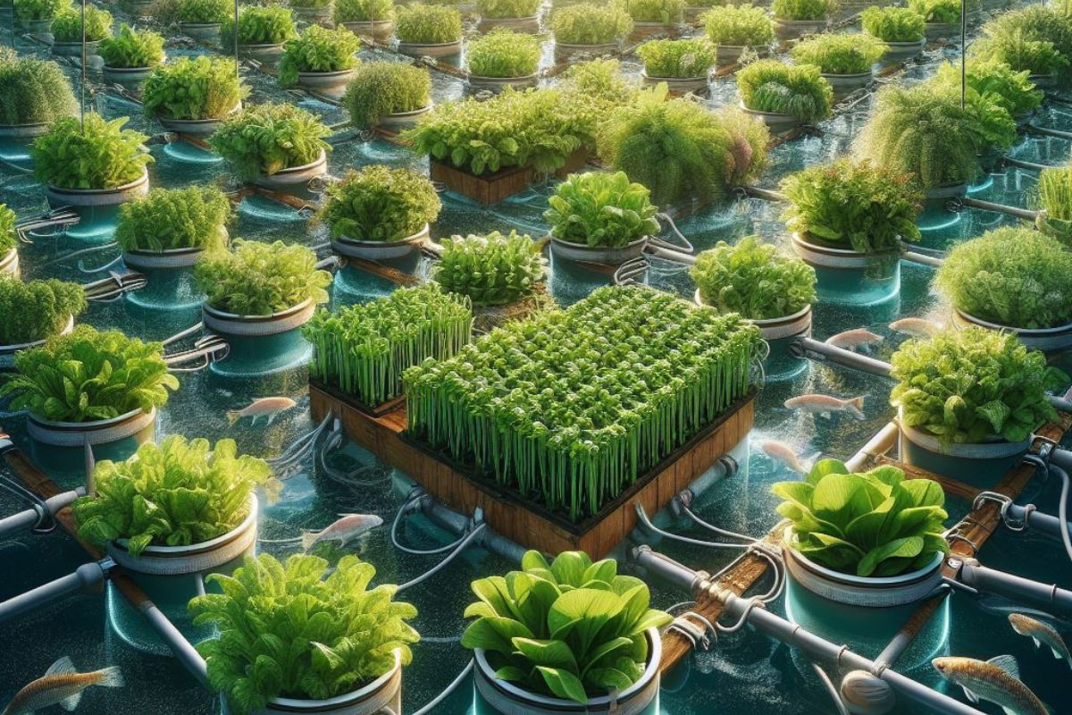 Image of Raft Aquaponics: fish tanks connect to floating raft beds with lush greens and herbs, showcasing the eco-friendly synergy between fish and plants, transforming traditional farming for sustainability.