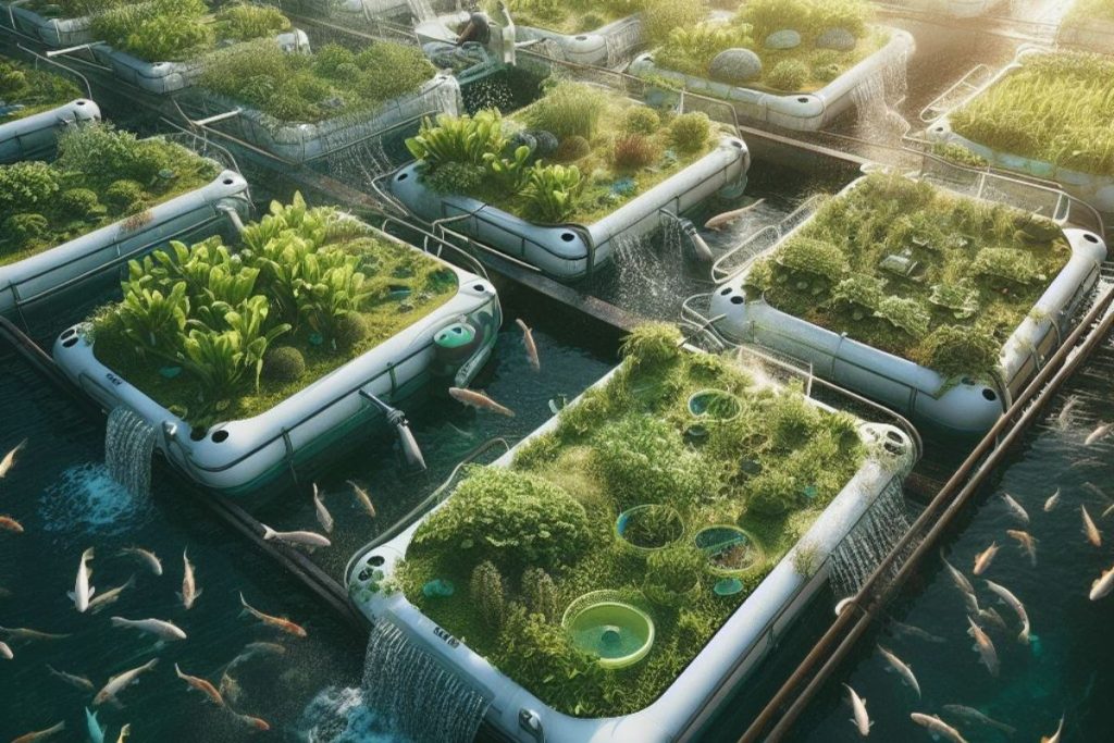 Image of Raft Aquaponics: fish tanks connect to floating raft beds with lush greens and herbs, showcasing the eco-friendly synergy between fish and plants, transforming traditional farming for sustainability."
