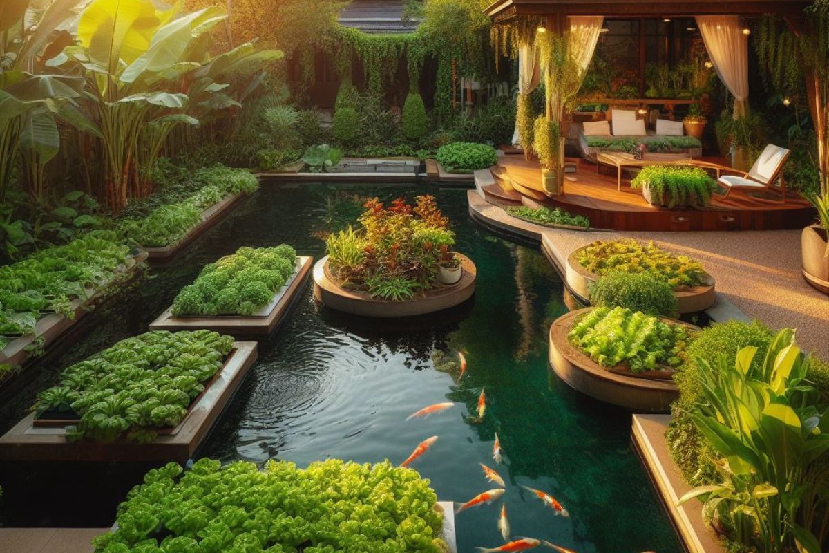 Outdoor aquaponic pond oasis with lush vegetation, fish tank, and organized grow beds, bathed in sunlight—a perfect blend of beauty and functionality for harmonious gardening.