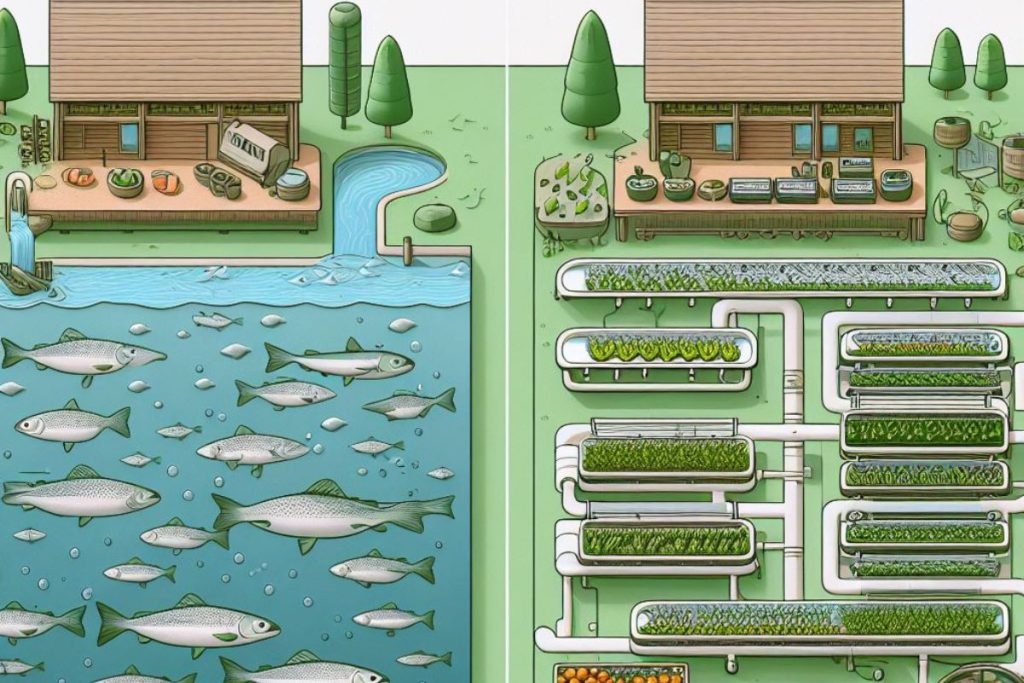  A visual comparison of traditional fish farming and trout aquaponics systems. The latter's closed design highlights water conservation and eco-friendliness, setting it apart from conventional fish farming.
