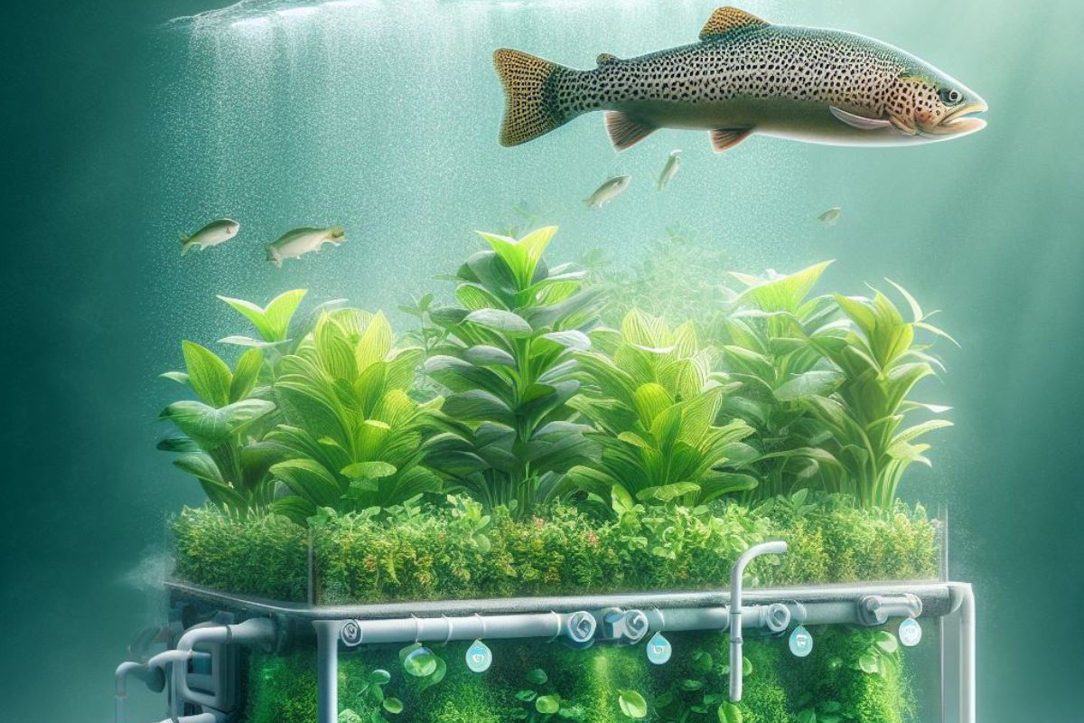 A vibrant trout aquaponics system featuring flourishing hydroponic plants and healthy trout in a thoughtfully designed environment. This image illustrates the sustainable synergy between fish and plants, showcasing the eco-friendly essence of trout aquaponics.