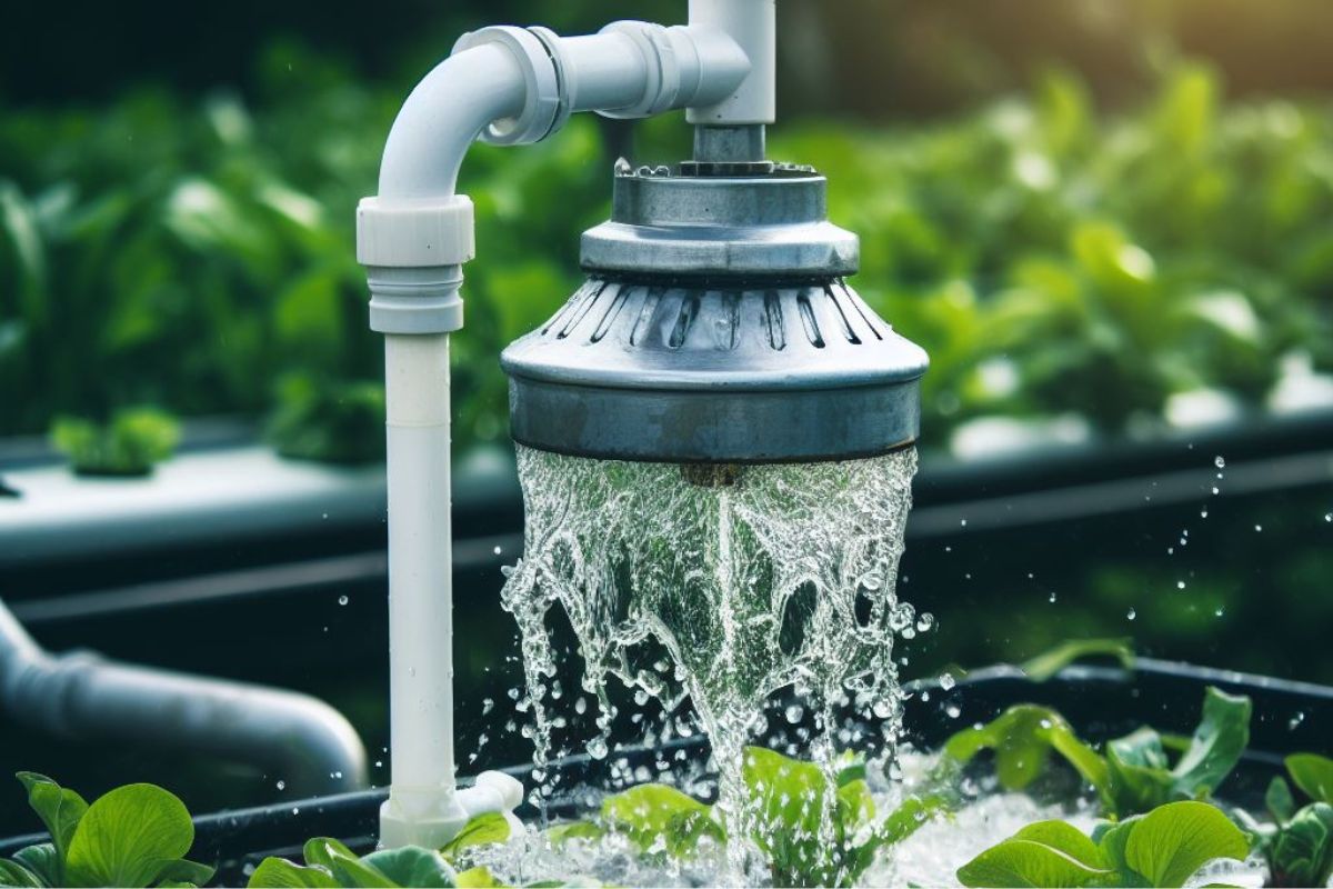 A visual depiction of an aquaponics system featuring a crucial component, the bell siphon. The image highlights the bell and standpipe, key elements in the efficient water management cycle essential for optimal nutrient distribution and plant well-being in sustainable agriculture.