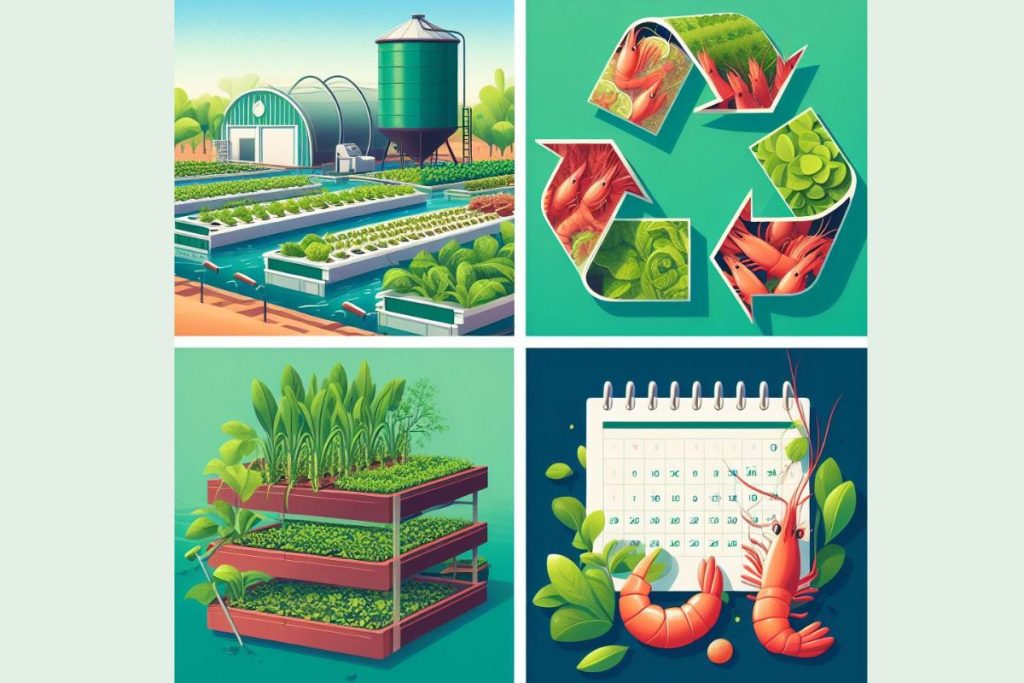 Collage illustrating Aquaponics Shrimp Farming Advantages: Eco-friendly, high yields, low chemicals, year-round growth.