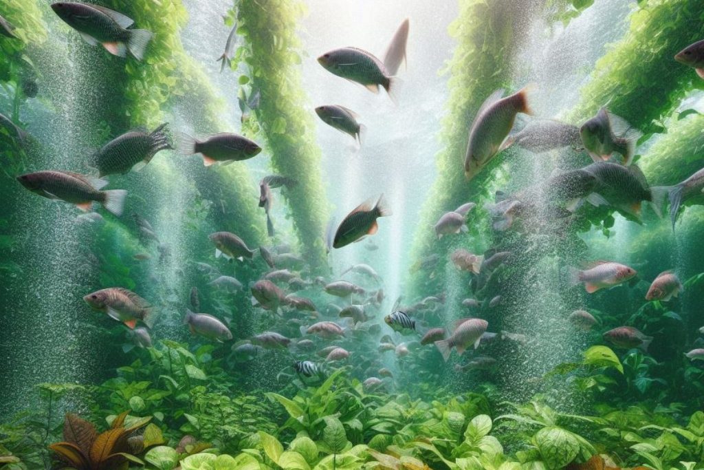 A captivating image of an aquaponics garden, with thriving plants and tilapia fish coexisting in perfect harmony, illustrating the magic of this sustainable ecosystem.