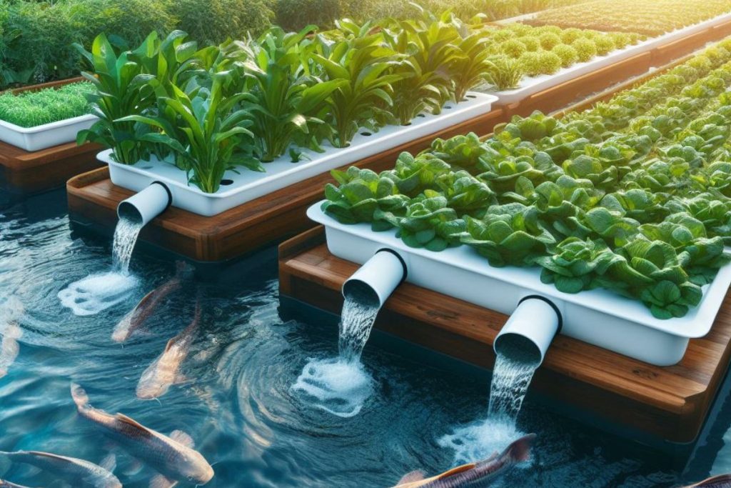 A catfish aquaponics system with interconnected tanks, lush green plants, and healthy catfish. This sustainable farming setup highlights eco-conscious practices and the synergy between aquaculture and hydroponics.
