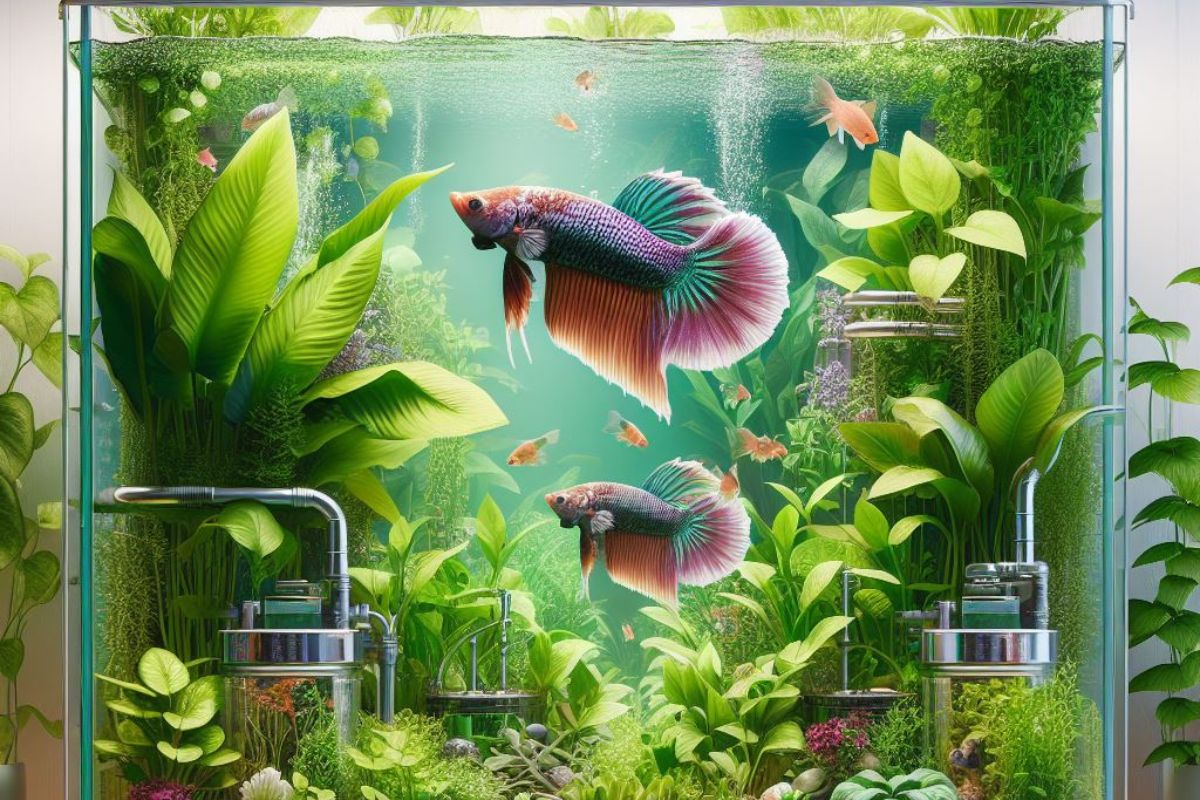 An image of an aquaponic betta fish tank, highlighting the synergy between colorful betta fish and thriving plants.