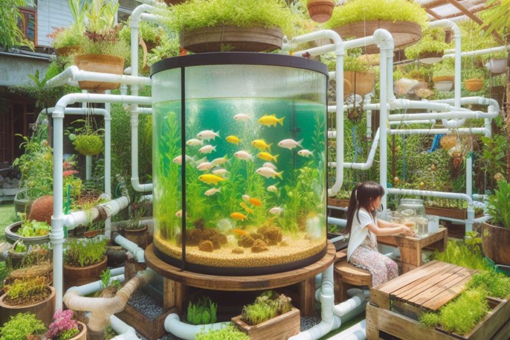 A picture of an aquaponic garden where lush plants and vibrant fish coexist in a balanced, sustainable environment.