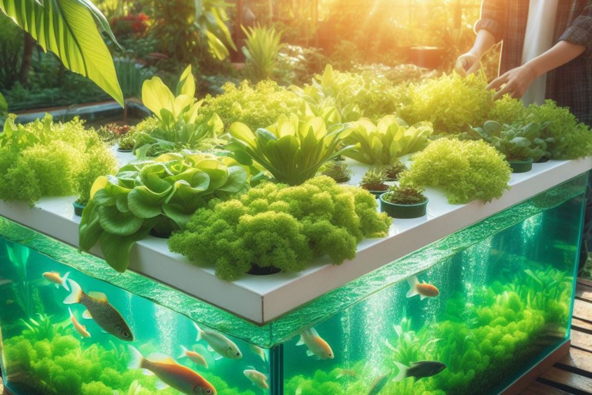 A thriving aquaponic garden with fish, demonstrating the symbiotic relationship between plants and aquatic life.