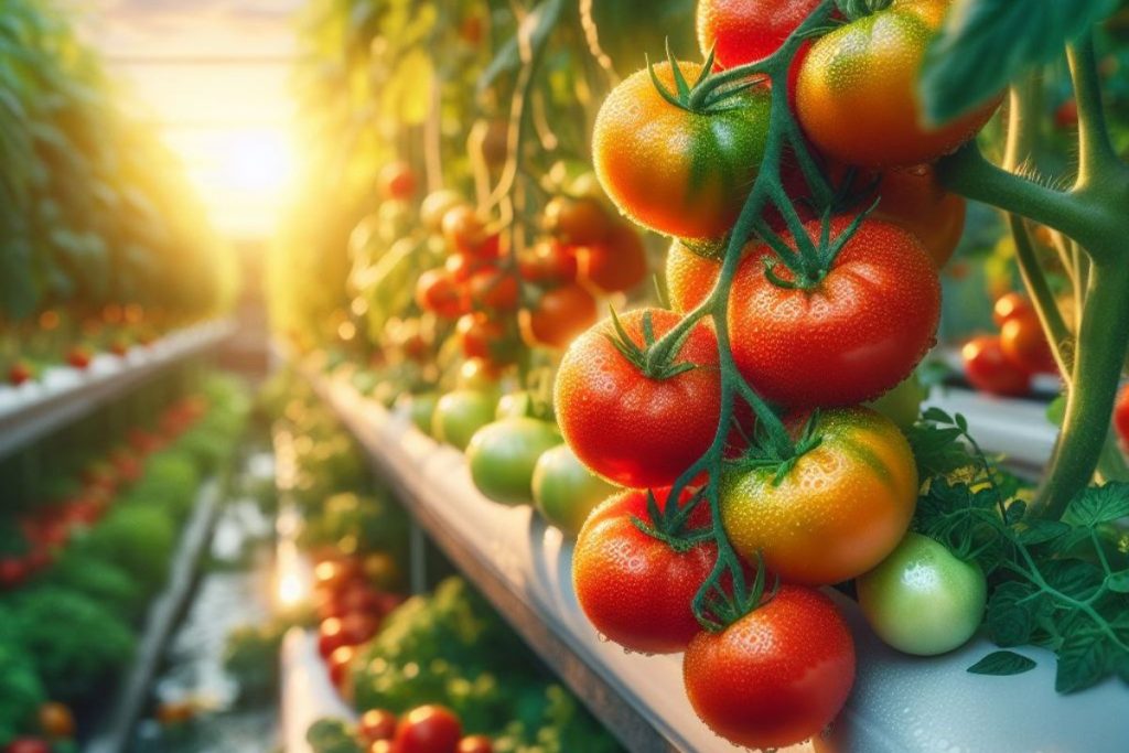 A picture of aquaponic tomatoes.