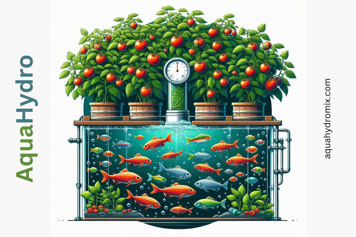 A lively image of an aquaponic garden with flourishing tomato plants and a school of diverse fish.