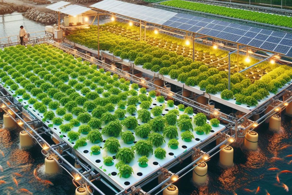 A captivating image showcasing a cutting-edge aquaponics potato farm, with healthy potato plants flourishing in media-filled grow beds suspended above large fish tanks.