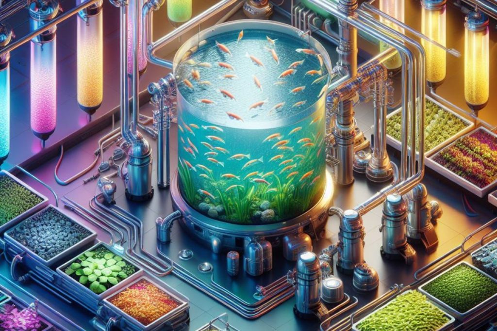 An illustrative image portraying the essence of an aquaponics system – fish and plants in a symbiotic dance.